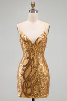 Laden Sie das Bild in den Galerie-Viewer, Dunkelblaues Pailletten Bodycon Spaghetti-Träger Kurzes Abendkleid mit Schnürung hinten