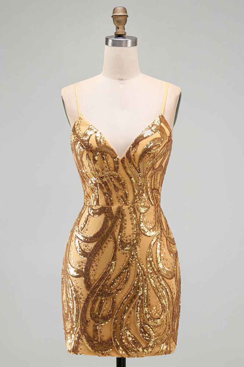 Laden Sie das Bild in den Galerie-Viewer, Dunkelblaues Pailletten Bodycon Spaghetti-Träger Kurzes Abendkleid mit Schnürung hinten