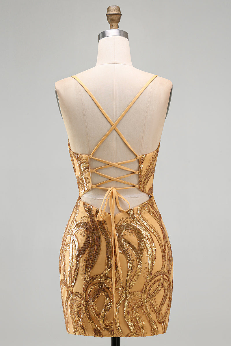 Laden Sie das Bild in den Galerie-Viewer, Dunkelblaues Pailletten Bodycon Spaghetti-Träger Kurzes Abendkleid mit Schnürung hinten