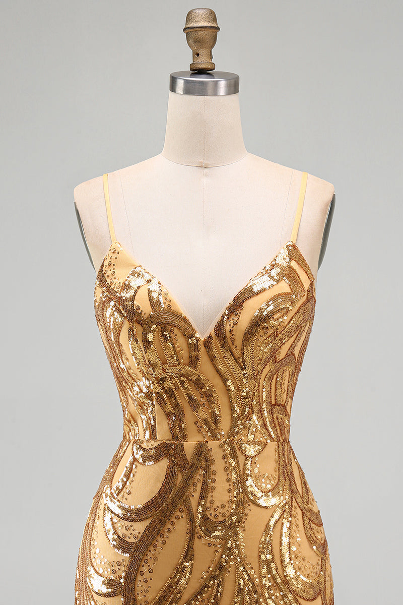 Laden Sie das Bild in den Galerie-Viewer, Dunkelblaues Pailletten Bodycon Spaghetti-Träger Kurzes Abendkleid mit Schnürung hinten