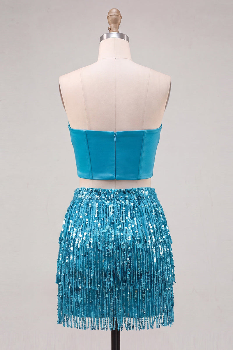 Laden Sie das Bild in den Galerie-Viewer, Blaues Trägerloses Bodycon Zweiteiliges Pailletten Korsett Kurzes Abendkleid mit Fransen