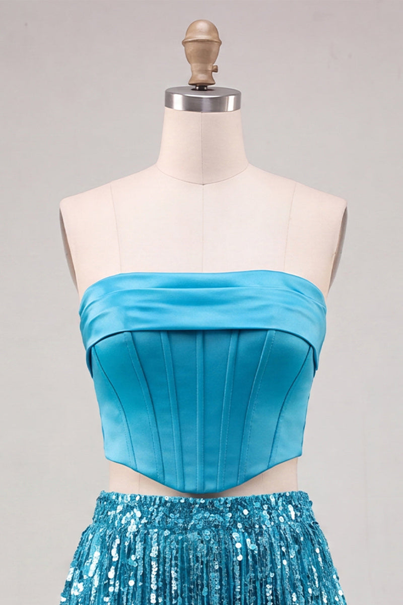 Laden Sie das Bild in den Galerie-Viewer, Blaues Trägerloses Bodycon Zweiteiliges Pailletten Korsett Kurzes Abendkleid mit Fransen