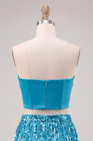 Laden Sie das Bild in den Galerie-Viewer, Blaues Trägerloses Bodycon Zweiteiliges Pailletten Korsett Kurzes Abendkleid mit Fransen