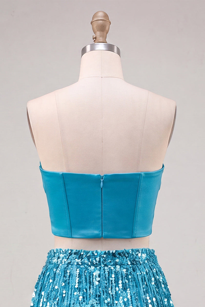 Laden Sie das Bild in den Galerie-Viewer, Blaues Trägerloses Bodycon Zweiteiliges Pailletten Korsett Kurzes Abendkleid mit Fransen