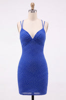 Laden Sie das Bild in den Galerie-Viewer, Königsblaues Bodycon Strass Kurzes Abendkleid mit Rückenschnürung