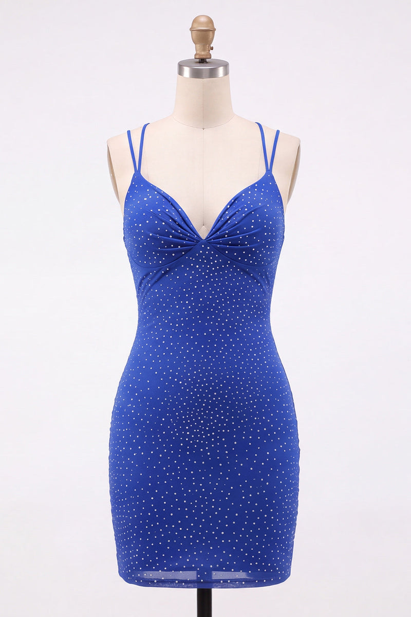 Laden Sie das Bild in den Galerie-Viewer, Königsblaues Bodycon Strass Kurzes Abendkleid mit Rückenschnürung