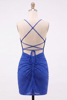 Königsblaues Bodycon Strass Kurzes Abendkleid mit Rückenschnürung
