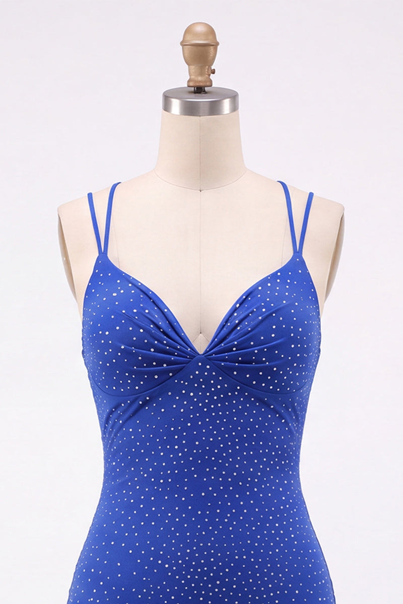 Laden Sie das Bild in den Galerie-Viewer, Königsblaues Bodycon Strass Kurzes Abendkleid mit Rückenschnürung