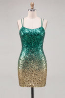 Laden Sie das Bild in den Galerie-Viewer, Glitzerndes Grünes und Goldenes Pailletten Bodycon Kurzes Abendkleid mit Rückenschnürung