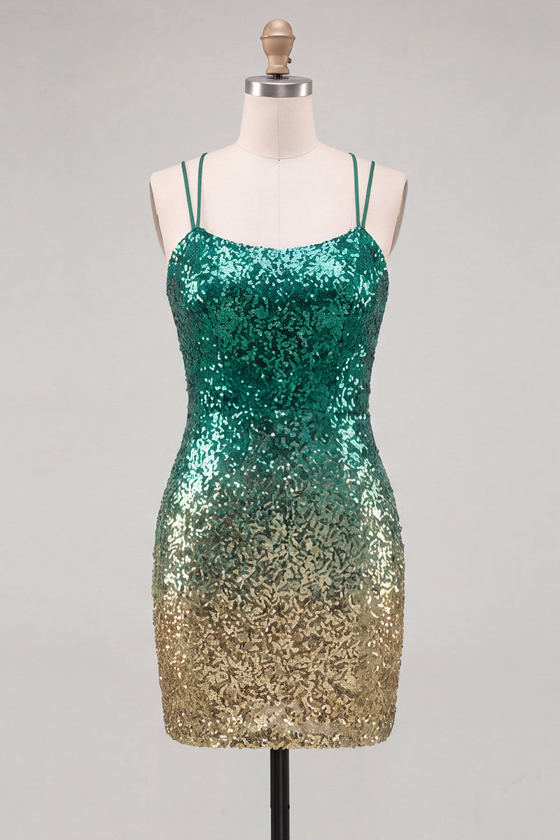 Laden Sie das Bild in den Galerie-Viewer, Glitzerndes Grünes und Goldenes Pailletten Bodycon Kurzes Abendkleid mit Rückenschnürung