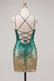 Glitzerndes Grünes und Goldenes Pailletten Bodycon Kurzes Abendkleid mit Rückenschnürung