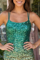 Laden Sie das Bild in den Galerie-Viewer, Glitzerndes Grünes und Goldenes Pailletten Bodycon Kurzes Abendkleid mit Rückenschnürung