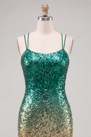 Laden Sie das Bild in den Galerie-Viewer, Glitzerndes Grünes und Goldenes Pailletten Bodycon Kurzes Abendkleid mit Rückenschnürung