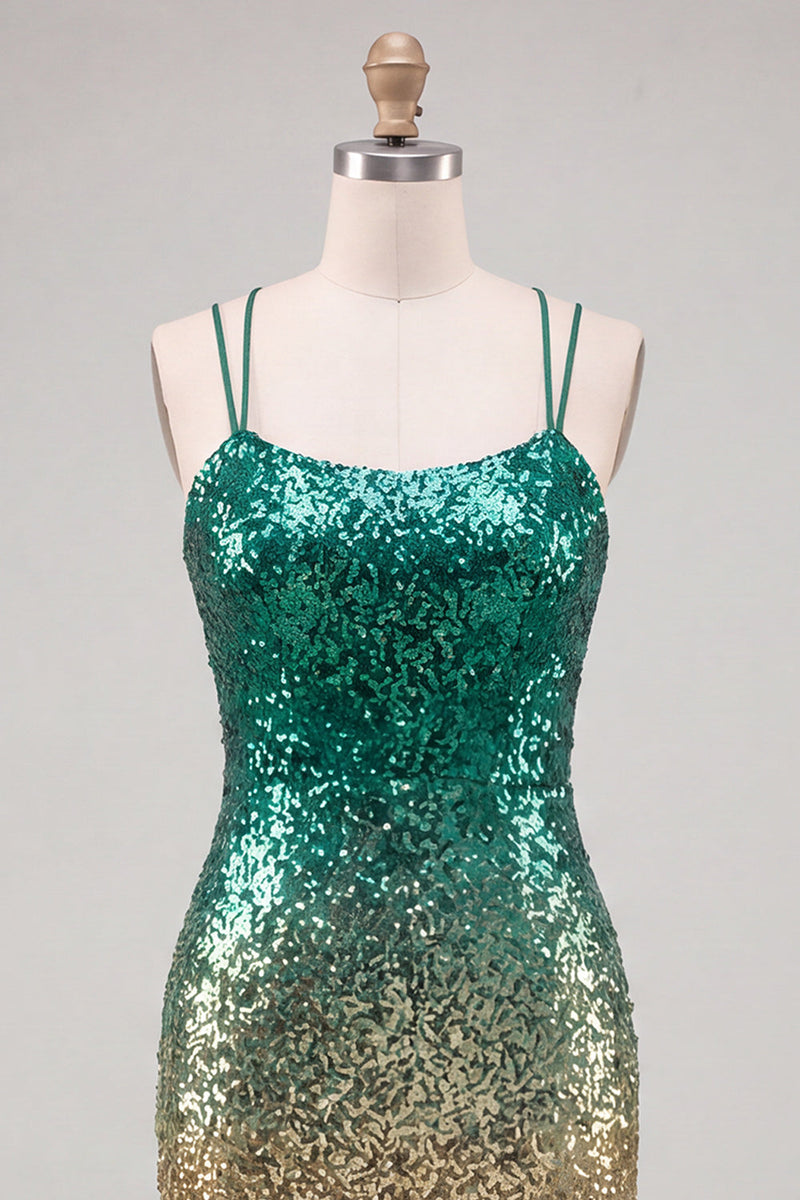 Laden Sie das Bild in den Galerie-Viewer, Glitzerndes Grünes und Goldenes Pailletten Bodycon Kurzes Abendkleid mit Rückenschnürung