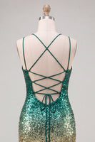 Laden Sie das Bild in den Galerie-Viewer, Glitzerndes Grünes und Goldenes Pailletten Bodycon Kurzes Abendkleid mit Rückenschnürung