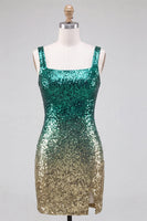 Laden Sie das Bild in den Galerie-Viewer, Glitzerndes Grünes und Goldenes Bodycon Quadrathals Pailletten Kurzes Abendkleid mit Schlitz