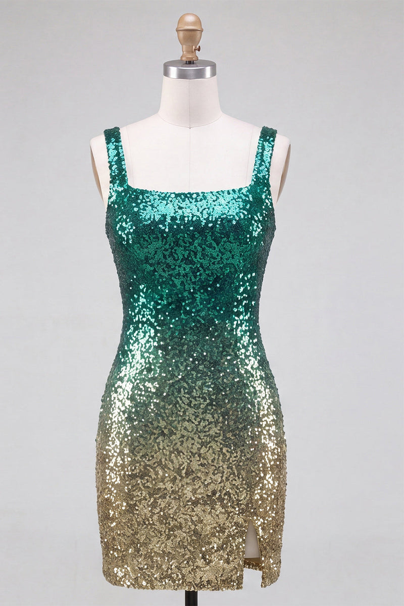 Laden Sie das Bild in den Galerie-Viewer, Glitzerndes Grünes und Goldenes Bodycon Quadrathals Pailletten Kurzes Abendkleid mit Schlitz