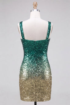 Glitzerndes Grünes und Goldenes Bodycon Quadrathals Pailletten Kurzes Abendkleid mit Schlitz