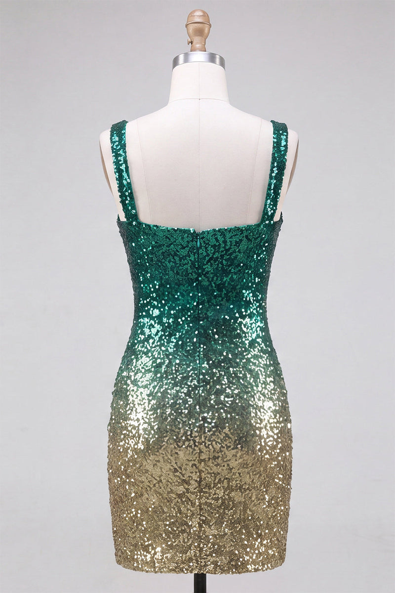 Laden Sie das Bild in den Galerie-Viewer, Glitzerndes Grünes und Goldenes Bodycon Quadrathals Pailletten Kurzes Abendkleid mit Schlitz