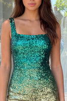 Laden Sie das Bild in den Galerie-Viewer, Glitzerndes Grünes und Goldenes Bodycon Quadrathals Pailletten Kurzes Abendkleid mit Schlitz
