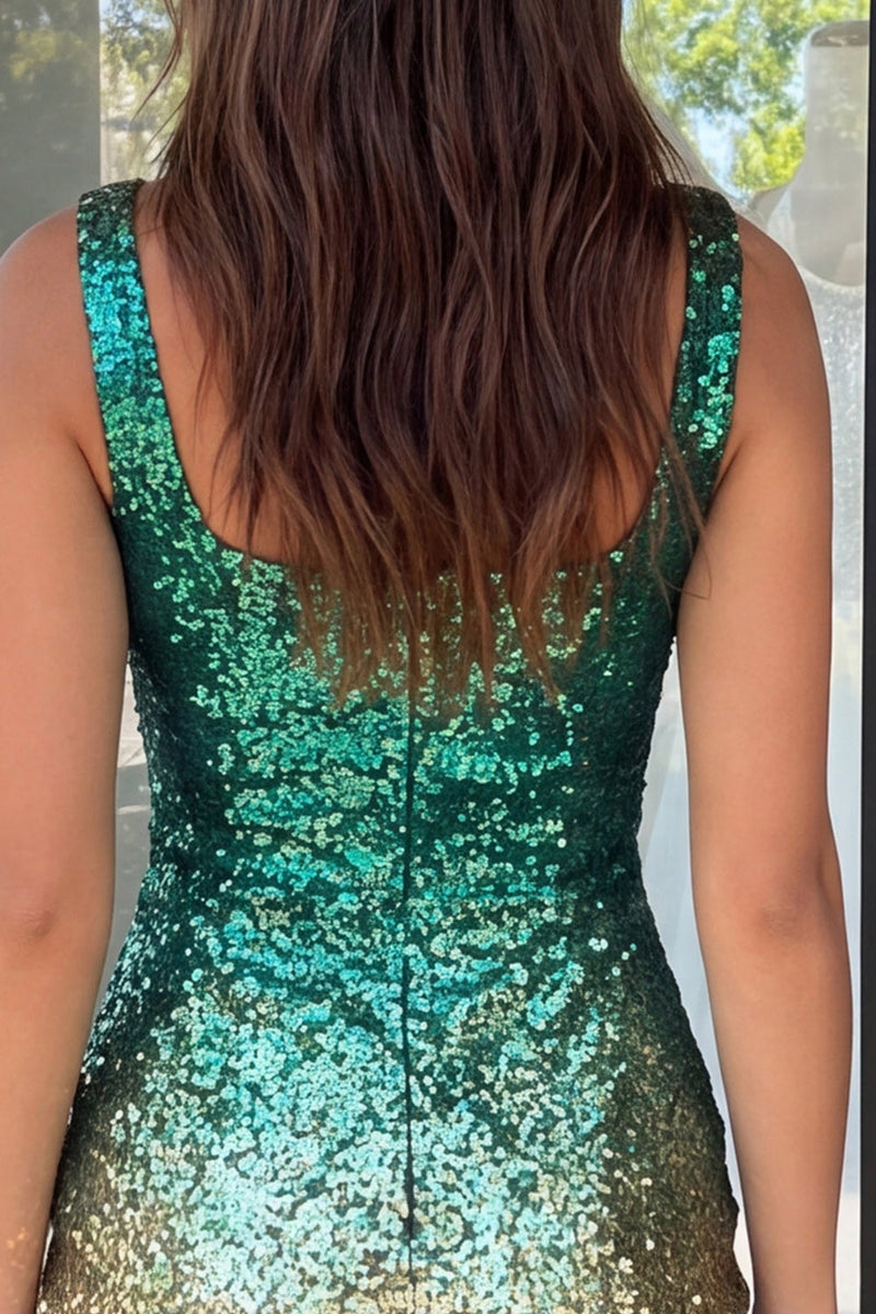 Laden Sie das Bild in den Galerie-Viewer, Glitzerndes Grünes und Goldenes Bodycon Quadrathals Pailletten Kurzes Abendkleid mit Schlitz