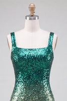 Laden Sie das Bild in den Galerie-Viewer, Glitzerndes Grünes und Goldenes Bodycon Quadrathals Pailletten Kurzes Abendkleid mit Schlitz