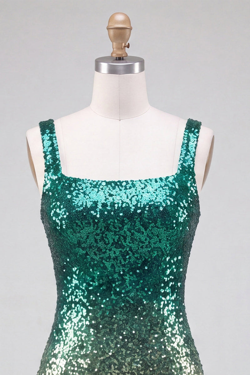 Laden Sie das Bild in den Galerie-Viewer, Glitzerndes Grünes und Goldenes Bodycon Quadrathals Pailletten Kurzes Abendkleid mit Schlitz
