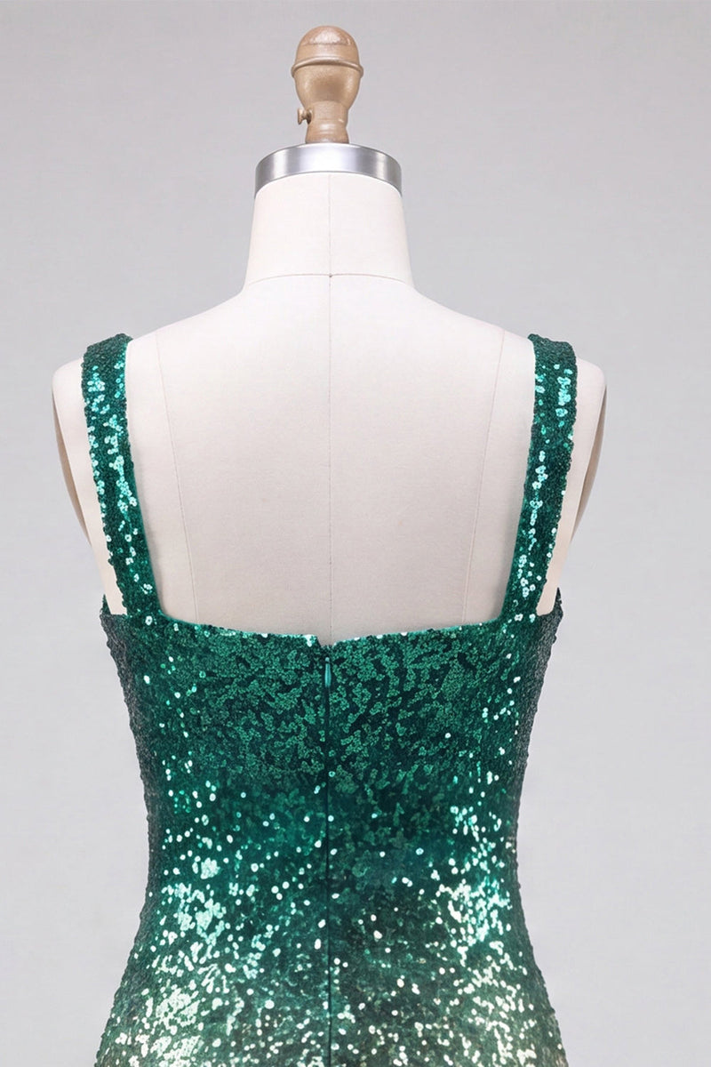 Laden Sie das Bild in den Galerie-Viewer, Glitzerndes Grünes und Goldenes Bodycon Quadrathals Pailletten Kurzes Abendkleid mit Schlitz