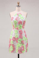 Laden Sie das Bild in den Galerie-Viewer, Rosa und Grüne Blume Bodycon Spaghetti-Träger Kurzes Abendkleid mit Stickerei