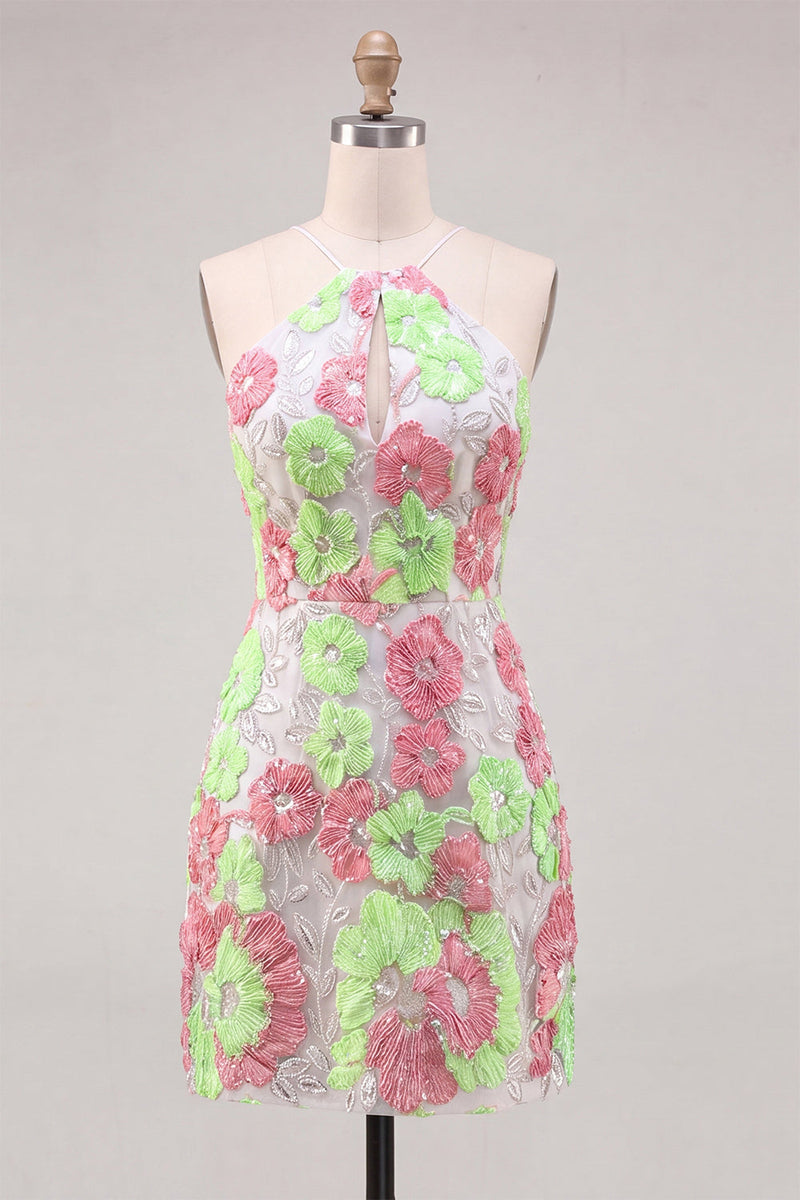 Laden Sie das Bild in den Galerie-Viewer, Rosa und Grüne Blume Bodycon Spaghetti-Träger Kurzes Abendkleid mit Stickerei
