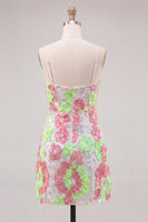 Laden Sie das Bild in den Galerie-Viewer, Rosa und Grüne Blume Bodycon Spaghetti-Träger Kurzes Abendkleid mit Stickerei
