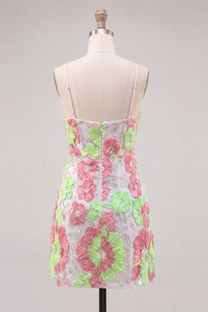 Rosa und Grüne Blume Bodycon Spaghetti-Träger Kurzes Abendkleid mit Stickerei