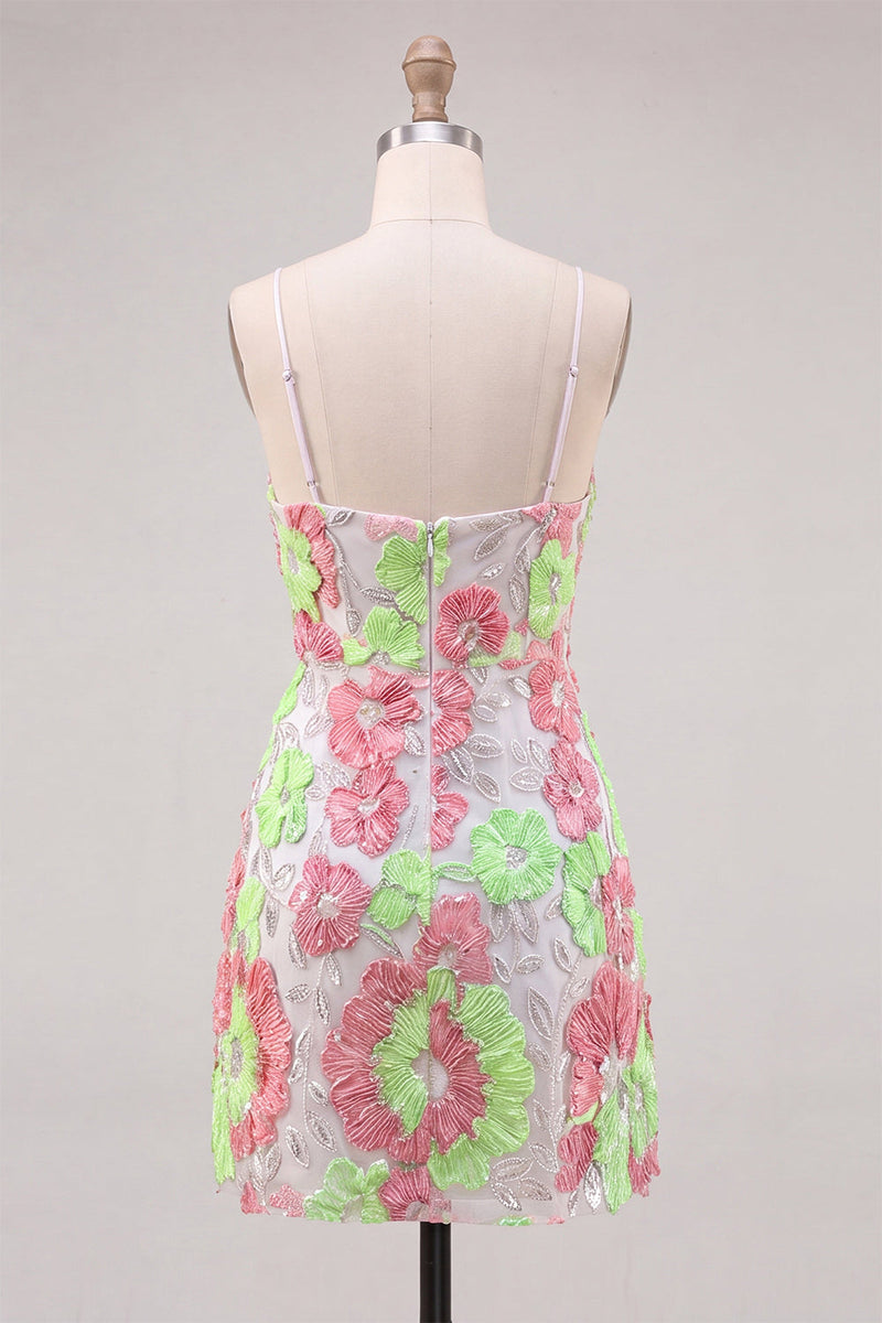 Laden Sie das Bild in den Galerie-Viewer, Rosa und Grüne Blume Bodycon Spaghetti-Träger Kurzes Abendkleid mit Stickerei