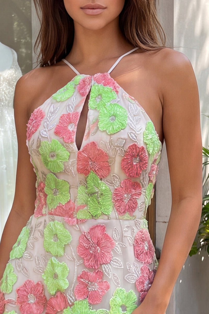 Laden Sie das Bild in den Galerie-Viewer, Rosa und Grüne Blume Bodycon Spaghetti-Träger Kurzes Abendkleid mit Stickerei