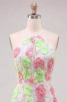 Laden Sie das Bild in den Galerie-Viewer, Rosa und Grüne Blume Bodycon Spaghetti-Träger Kurzes Abendkleid mit Stickerei