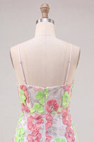 Laden Sie das Bild in den Galerie-Viewer, Rosa und Grüne Blume Bodycon Spaghetti-Träger Kurzes Abendkleid mit Stickerei