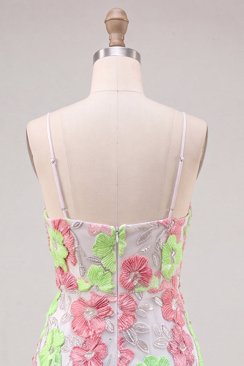 Laden Sie das Bild in den Galerie-Viewer, Rosa und Grüne Blume Bodycon Spaghetti-Träger Kurzes Abendkleid mit Stickerei