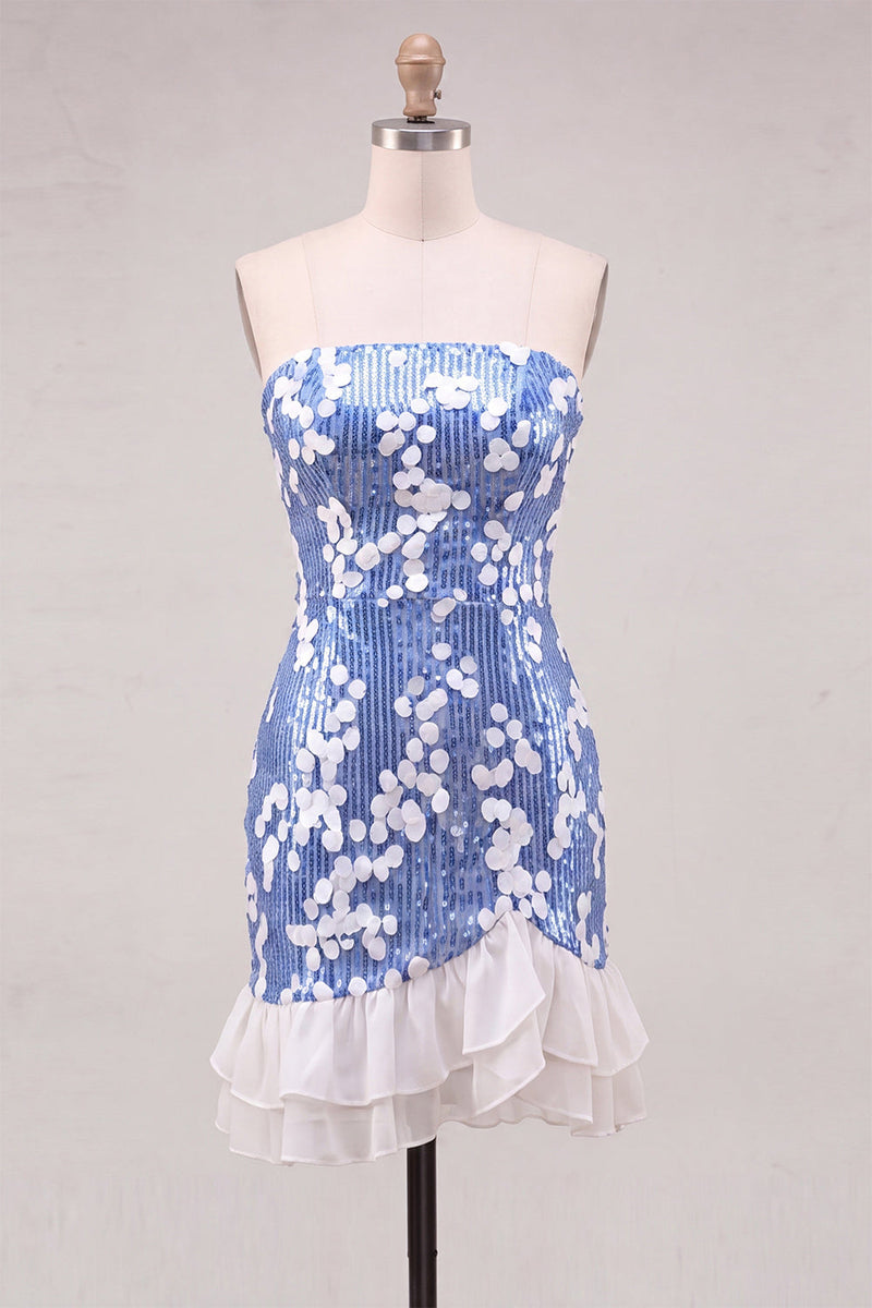 Laden Sie das Bild in den Galerie-Viewer, Trägerloses blaues Bodycon-Pailletten-Kurzes Homecoming-Kleid mit Rüschen