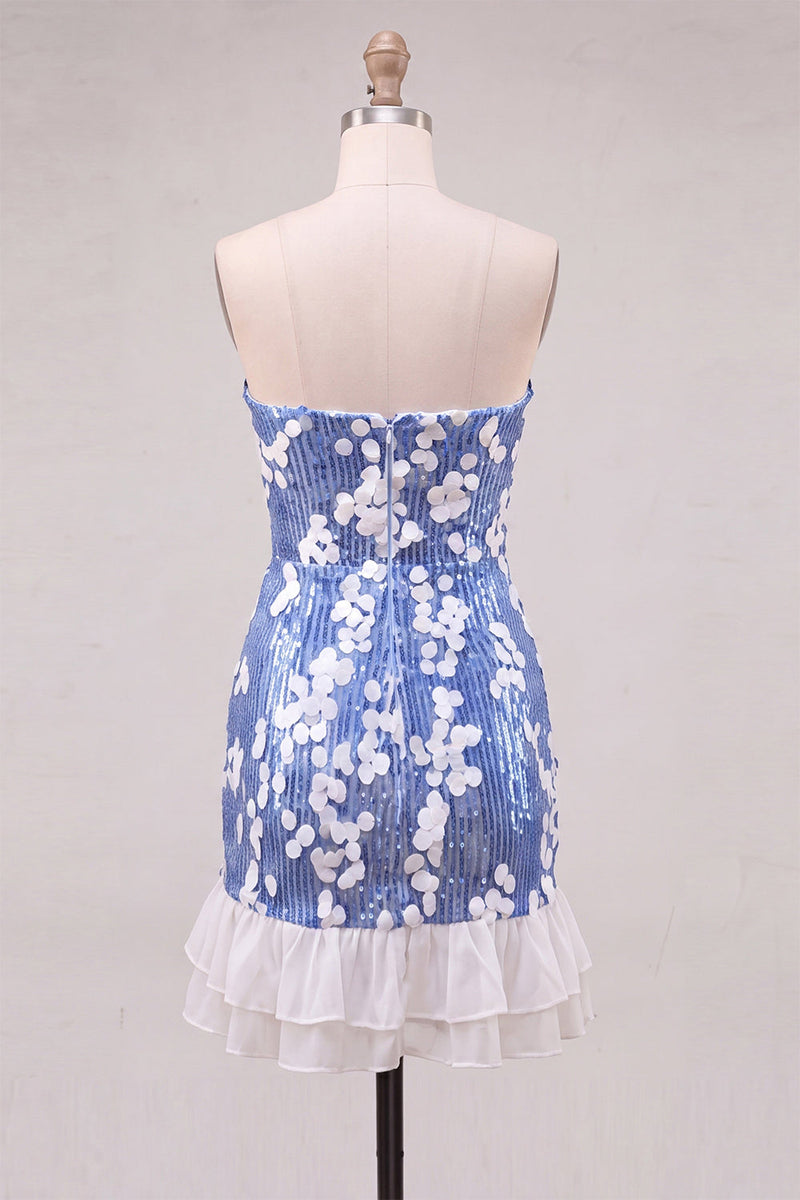 Laden Sie das Bild in den Galerie-Viewer, Trägerloses blaues Bodycon-Pailletten-Kurzes Homecoming-Kleid mit Rüschen