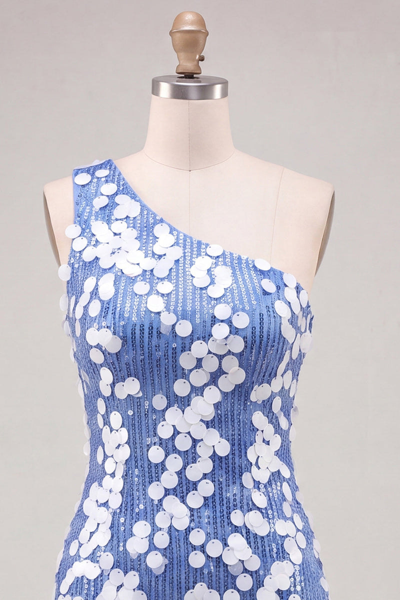 Laden Sie das Bild in den Galerie-Viewer, Bodycon Einschulterblaue Pailletten Kurzes Homecoming-Kleid