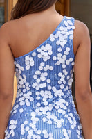 Laden Sie das Bild in den Galerie-Viewer, Bodycon Einschulterblaue Pailletten Kurzes Homecoming-Kleid