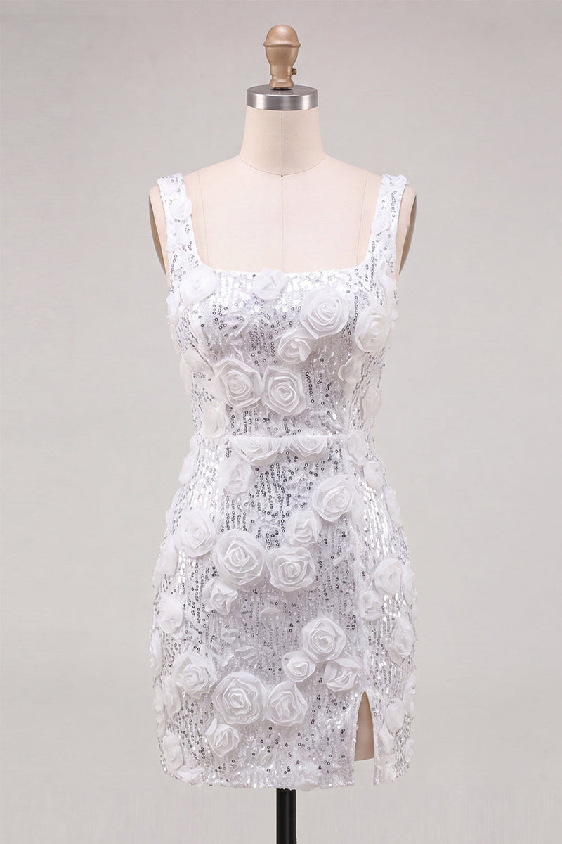 Laden Sie das Bild in den Galerie-Viewer, Homecoming-Kleid mit elfenbeinfarbenem Quadratausschnitt und Bodycon-Pailletten mit 3D-Blumen