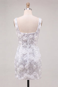 Elfenbein Quadratausschnitt Bodycon Pailletten Kurzes Abendkleid mit 3D-Blumen