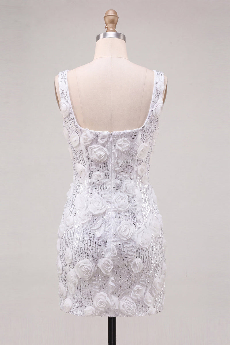 Laden Sie das Bild in den Galerie-Viewer, Homecoming-Kleid mit elfenbeinfarbenem Quadratausschnitt und Bodycon-Pailletten mit 3D-Blumen