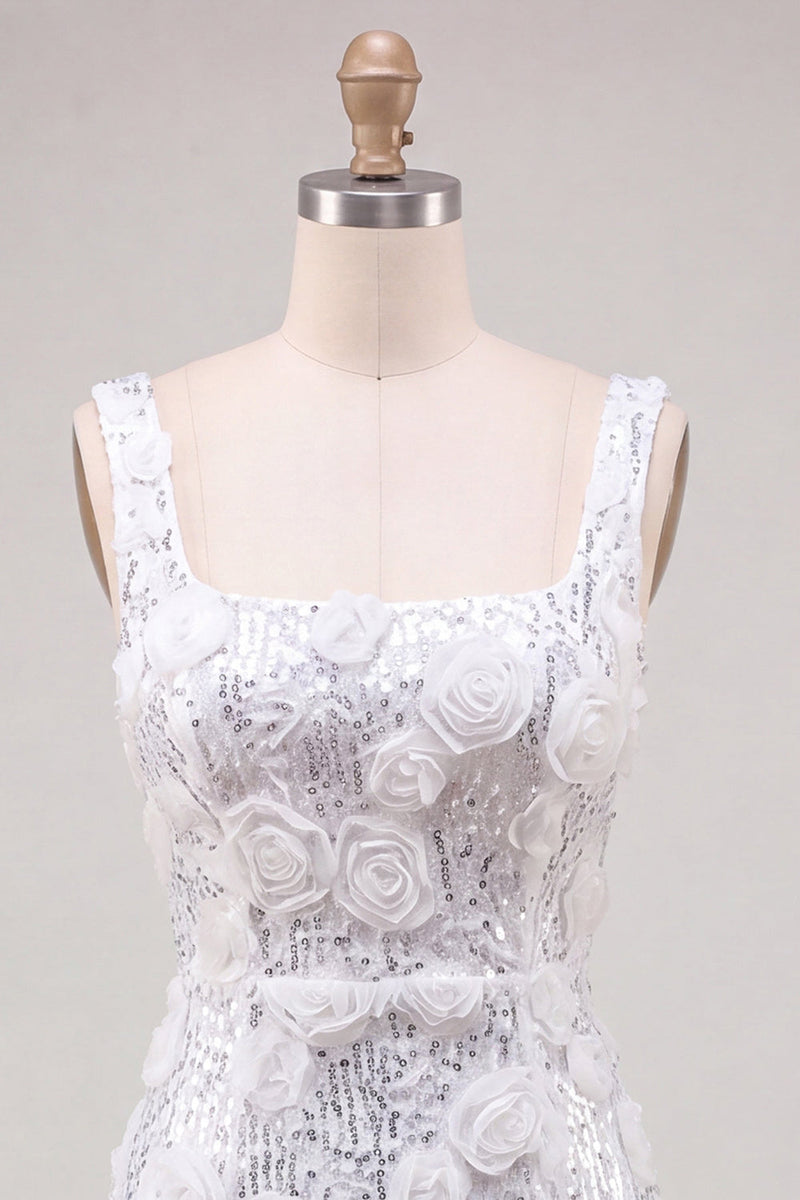 Laden Sie das Bild in den Galerie-Viewer, Homecoming-Kleid mit elfenbeinfarbenem Quadratausschnitt und Bodycon-Pailletten mit 3D-Blumen