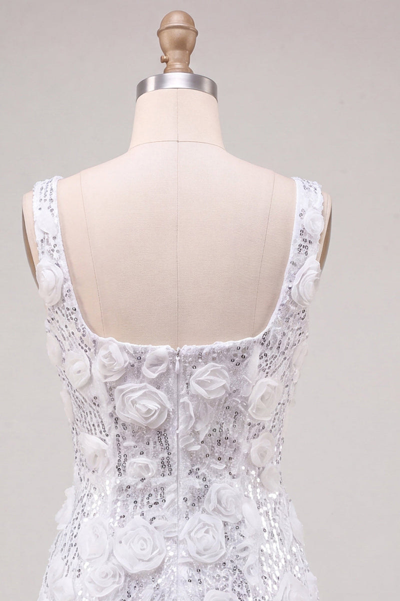 Laden Sie das Bild in den Galerie-Viewer, Homecoming-Kleid mit elfenbeinfarbenem Quadratausschnitt und Bodycon-Pailletten mit 3D-Blumen