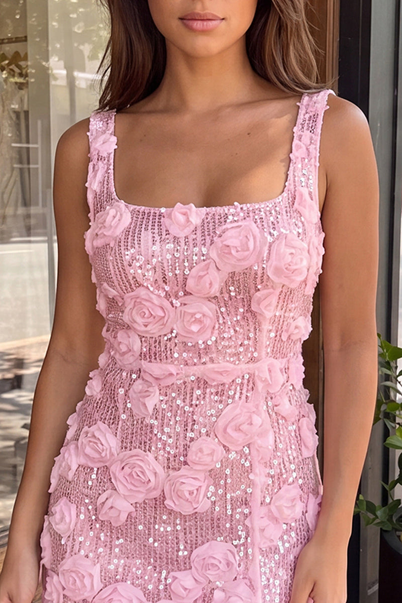 Laden Sie das Bild in den Galerie-Viewer, Homecoming-Kleid mit elfenbeinfarbenem Quadratausschnitt und Bodycon-Pailletten mit 3D-Blumen