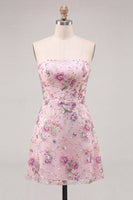 Laden Sie das Bild in den Galerie-Viewer, Trägerloses rosa A-Line-Blumenpailletten-Homecoming-Kleid