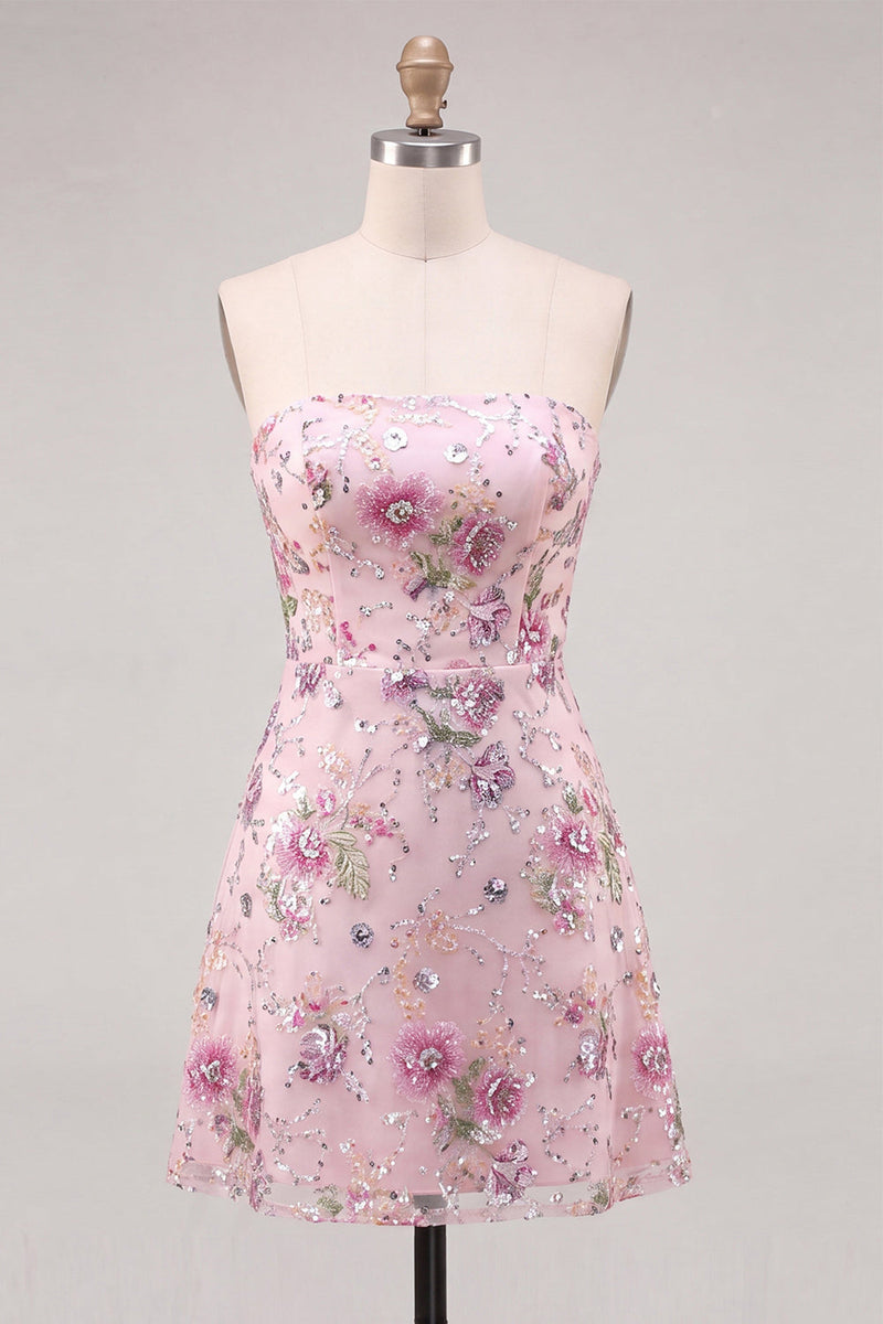 Laden Sie das Bild in den Galerie-Viewer, Trägerloses rosa A-Line-Blumenpailletten-Homecoming-Kleid