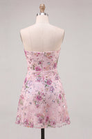 Laden Sie das Bild in den Galerie-Viewer, Trägerloses rosa A-Line-Blumenpailletten-Homecoming-Kleid